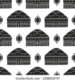 Yurt. Housing. Patterns. Black silhouette on white background. Wallpaper, seamless.