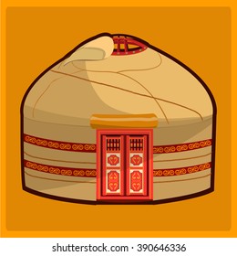 Yurt illustration with background. A traditional yurt from the Turkics or Mongolian is a portable, round tent covered with skins or felt and used as a dwelling by nomads in the steppes of Central Asia