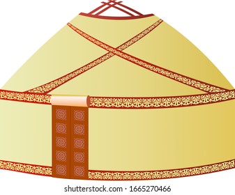 Yurt isolated on white background. Portable frame dwelling with felt covering of Turkic, Bashkir and Mongolian nomads. Vector cartoon close-up illustration.