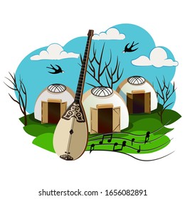 yurt and national kazakh musical instrument dombra and notes