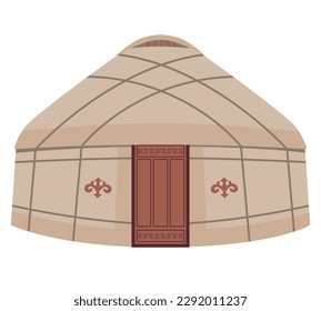 Yurt with national ornament. Vector illustration isolated on white background. National dwelling of the nomadic peoples of Asia. Traditional house for the inhabitants of Mongolia Kazakhstan Kyrgyzstan