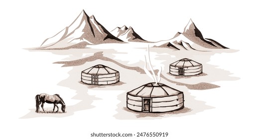 Yurt - nomad's dwelling, horse grazing, life in Central Asia, sketch on a white background, vector illustration