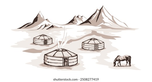 Yurt - moradia nômade, pastagem de cavalos, vida na Ásia Central, esboço em um fundo branco, ilustração vetorial