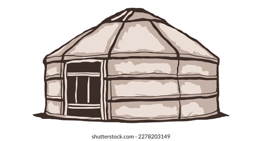 Yurt - nomad's dwelling, life in Central Asia, sketch on a white background