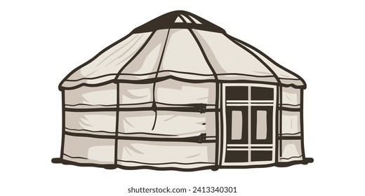 Yurt - la vivienda de los nómadas, la vida en Asia Central, un dibujo sobre un fondo blanco