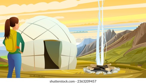 Yurt nomads. girl with backpack looks ahead. Traditional mobile home. Cartoon style. Vector