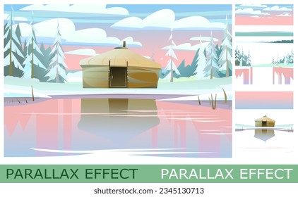 Yurt on shore of frozen lake. set of slides to create parallax image layer. Cartoon style. Isolated on white background. Vector.