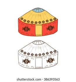 Yurt. Set. Sketch. Color and monochromatic image.