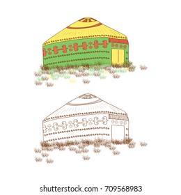 Yurt. Sketch. Color and monochrome drawing. Set.