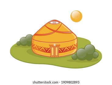 Yurt In The Spring Pasture, Vector Illustration Landscape