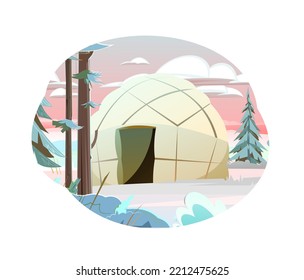 Yurt in tundra. Dwelling of northern nomadic peoples in Arctic. From felt and skins. Isolated on white background. Illustration vector.