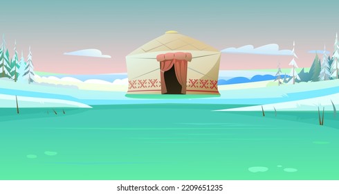 Yurt In Tundra. On Shore Of Ice Pond. Dwelling Of Northern Nomadic Peoples In Arctic. From Felt And Skins. Illustration Vector