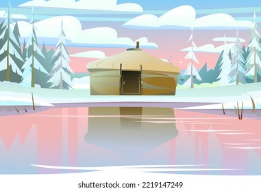 Yurt In Tundra. On Shore Of Ice Pond. Morning Sunrise. Dwelling Of Northern Nomadic Peoples In Arctic. From Felt And Skins. Illustration Vector