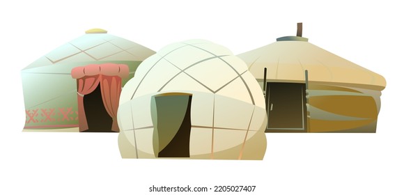 Yurt in tundra. Several dwellings. Dwelling of northern nomadic peoples in Arctic. From felt and skins. Isolated on white background. Illustration vector