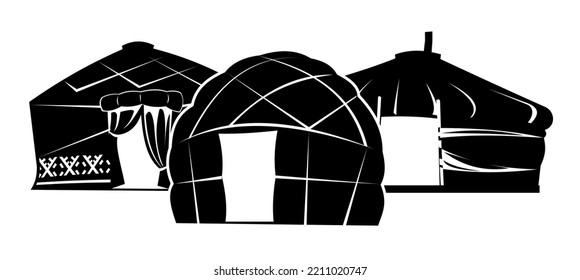 Yurt in tundra. Silhouette design. Dwelling of northern nomadic peoples in Arctic. From felt and skins. Isolated on white background. Illustration vector.