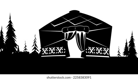 Yurt in tundra. Silhouette design. Dwelling of northern nomadic peoples in Arctic. From felt and skins. Isolated on white background. Illustration vector.