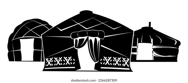 Yurt in tundra. Silhouette design. Dwelling of northern nomadic peoples in Arctic. From felt and skins. Isolated on white background. Illustration vector.