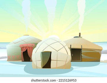 Yurt in tundra. Winter tundra. Dwelling of northern nomadic peoples in Arctic. From felt and skins. illustration vector