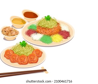 YuSheng, salmon fish raw and vegetables salad and a variety of sauces and condiments with sauce and bread. Chinese food and chopsticks on a table. Isolated close up yee sang or yuu sahng, or Prosperit