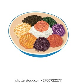 Yusheng, yee sang or Prosperity Toss in blue plate.Fresh Salmon with mixed small cut vegetables salad on white background. Asian salad vector illustration. Authentic Chinese food. New year menu. 