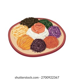 Yusheng, yee sang or Prosperity Toss on red plate.Fresh Salmon with mixed small cut vegetables salad on white background. Asian salad vector illustration. Authentic Chinese food. New year menu.  