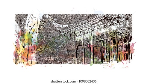 Yuyuan Garden is an extensive Chinese garden located beside the City God Temple in the northeast of the Old City of Shanghai, China. Watercolor splash with Hand drawn sketch illustration in vector.