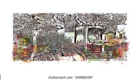 Yuyuan Garden is an extensive Chinese garden located beside the City God Temple in the northeast of the Old City of Shanghai, China. Watercolor splash with Hand drawn sketch illustration in vector.