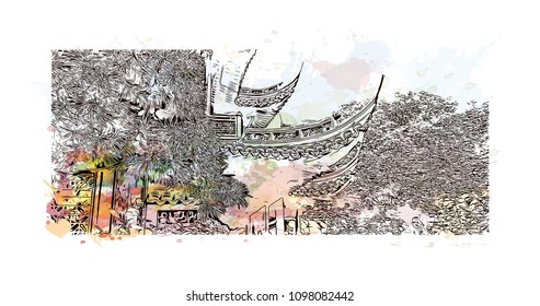 Yuyuan Garden is an extensive Chinese garden located beside the City God Temple in the northeast of the Old City of Shanghai, China. Watercolor splash with Hand drawn sketch illustration in vector.