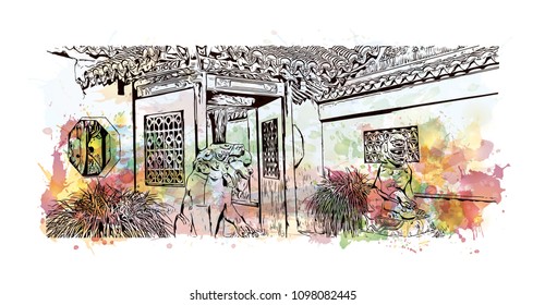 Yuyuan Garden is an extensive Chinese garden located beside the City God Temple in the northeast of the Old City of Shanghai, China. Watercolor splash with Hand drawn sketch illustration in vector.