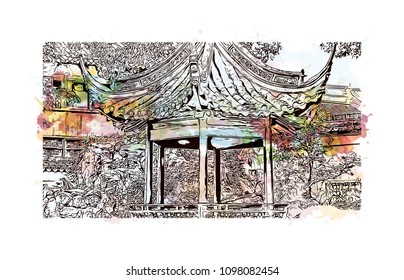 Yuyuan Garden is an extensive Chinese garden located beside the City God Temple in the northeast of the Old City of Shanghai, China. Watercolor splash with Hand drawn sketch illustration in vector.