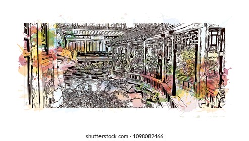 Yuyuan Garden is an extensive Chinese garden located beside the City God Temple in the northeast of the Old City of Shanghai, China. Watercolor splash with Hand drawn sketch illustration in vector.