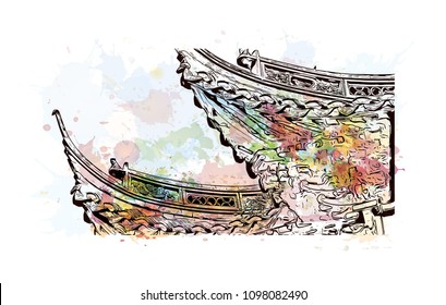 Yuyuan Garden is an extensive Chinese garden located beside the City God Temple in the northeast of the Old City of Shanghai, China. Watercolor splash with Hand drawn sketch illustration in vector.