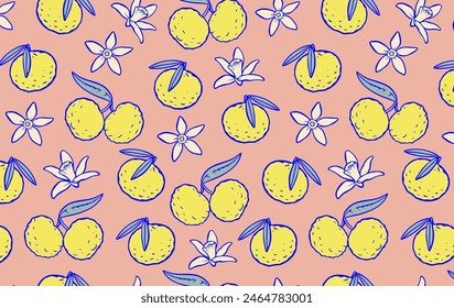 Yuzu fruit seamless pattern with whole, halved, and flowers on yellow background. Asian cuisine and natural ingredient concept.