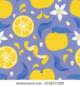 Yuzu fruits with blue leaves. Citrus seamless pattern. Fruits with flowers, seeds and peel on violet background. Colourful botanical wallpaper. 