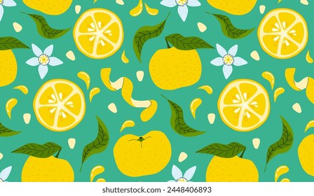 Yuzu fruits, leaves, flowers, seeds and yuzu peel seamless pattern o teal background. Juice exotic citrus plant graphics for printing or packaging.