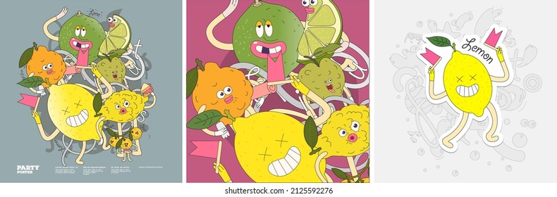 Yuzu, guava, lime, lemon. Fruit Mix.  Set of vector illustrations. Doodle style. Painted, colorful fruit with outlining. Sticker, poster , background image for label.