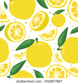 Yuzu japanese citron fruit seamless pattern vector illustration isolated on white background. Full, half and sliced citrus yuzu fresh fruit seamless texture.