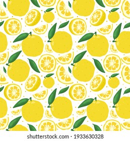 Yuzu Japanese Citron Fruit Seamless Pattern Vector Illustration Isolated On White Background. Full, Half And Sliced Citrus Yuzu Fresh Fruit Seamless Texture.