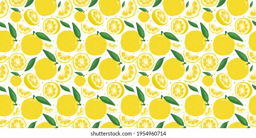 Yuzu japanese citron fruit seamless pattern vector illustration isolated on white background. Full, half and sliced citrus yuzu fresh fruit seamless texture.