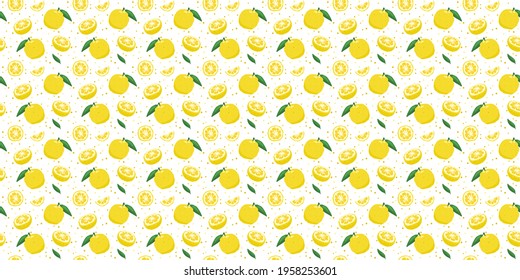 Yuzu japanese citron fruit seamless pattern vector illustration isolated on white background. Full, half and sliced citrus yuzu fresh fruit seamless texture.