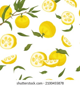 Yuzu seamless pattern. Citrus junos fabric design. Packing, wrapping, textile graphics. Editable vector illustration isolated on a white background. Superfoods collection