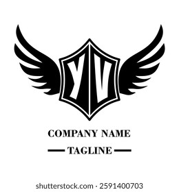 YV bold shield logo with wings, customizable with letters A to Z. Perfect for brands seeking a powerful symbol of strength, freedom, and ambition