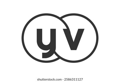 YV business company emblem with outline rounds and letters y v. Logo template of two merged circles for brand identity, logotype. Vector Infinity symbol  and technology sign.