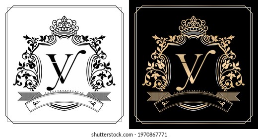 YV royal emblem with crown, set of black and white labels, initial letter and graphic name Frames Border of floral designs, VY Monogram, for insignia, initial letter frames border, wedding couple name