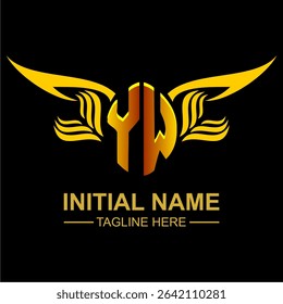 YW Golden Wing Emblem Logo with elegant gold wings, sleek and modern design. Ideal for branding, creative projects, luxury businesses, or artistic ventures.