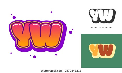 YW logo design for festival or party. Initial letter y and w in graffiti style. Creative modern lettering company name of font typography. Kids trendy logotype or identity. Vector illustration.