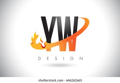 YW Y W Letter Logo Design with Fire Flames and Orange Swoosh Vector Illustration.