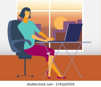 YWomen siting in a chair  working online at home illustration. Social distancing and self-isolation during corona virus quarantine.
