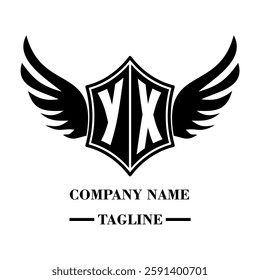 YX bold shield logo with wings, customizable with letters A to Z. Perfect for brands seeking a powerful symbol of strength, freedom, and ambition