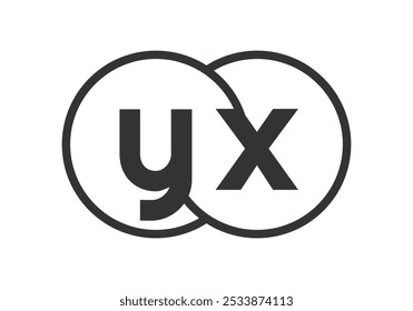 YX business company emblem with outline rounds and letters y x. Logo template of two merged circles for brand identity, logotype. Vector Infinity symbol  and technology sign.